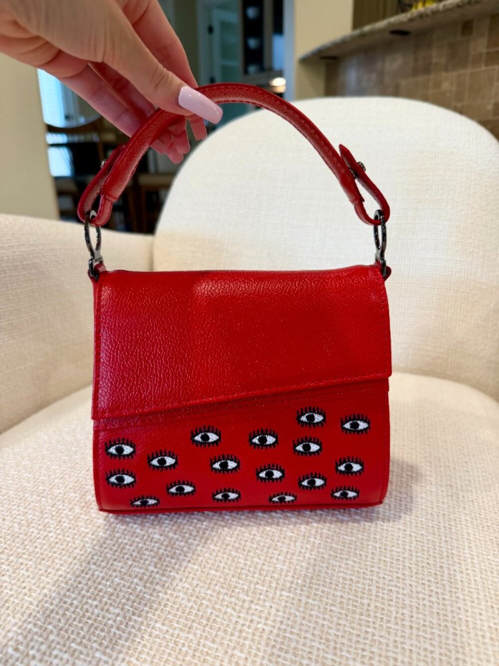 Min & Mon Anastasio Mini Crossbody Leather Handbag Red All Over Eyes Embroidery - Picture 2 of 6